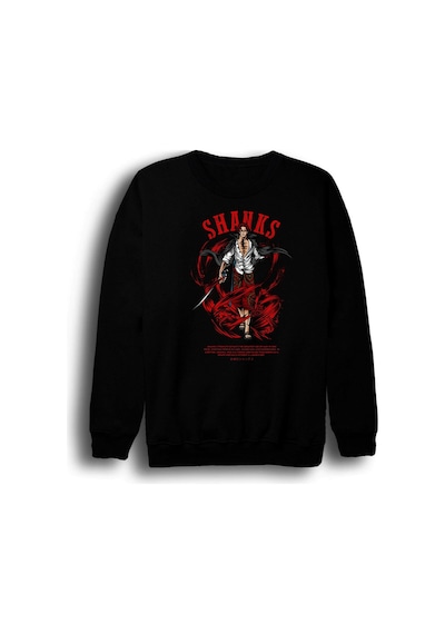 One Piece Shanks - Anime Baskılı Unisex %100 Pamuk Bisiklet Yaka Sweatshirt Siyah