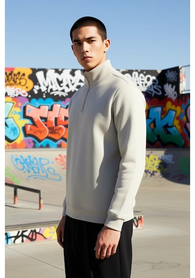 Benerly Erkek Dik Yaka Fermuarlı Standart Kol Regular Kalıp Sweatshirt Fo Taş