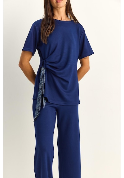 Shade Kadın Fularlı Bağlama Detaylı T-shirt Yüksek Bel Pantolon Alt-üst Takım 7630 60286041 - Lacivert