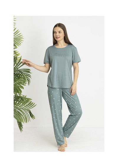 Estiva Kadın Kalp Alt Desenli Kısa Kollu Soft Pijama Takımı Yeşil
