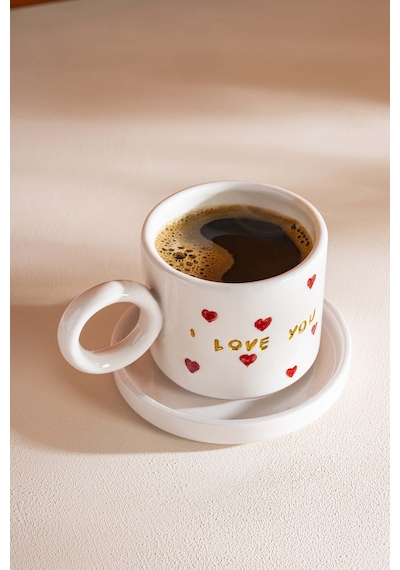 Rivaistanbul I Love You Amore El Yapımı Seramik Double Kahve Fincanı Mug Kupa Krem