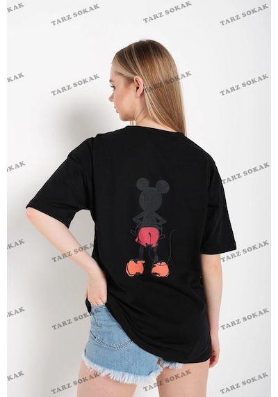 Tarzsokak Kadın Beyaz Sırt Baskılı Mickey Mouse Siyah