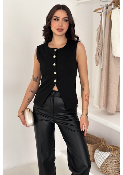 Noa & Noa Kadın Altın Düğme Detaylı Kolsuz Bluz Button Edge Siyah