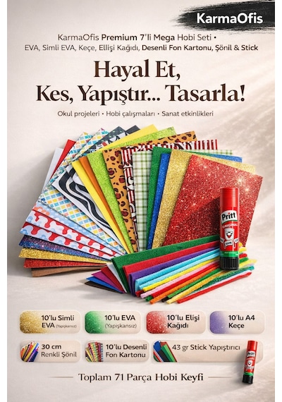Mega Okul & Hobi Seti 71 Parça Eva, Keçe, Fon Kartonu, Şönil, Elişi Kağıdı + Yapıştırıcı