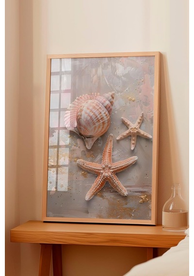 Zestia Ahşap Çerçeveli Tablo, Deniz Kabukları Ve Yıldız, Banyo Dekoru Poster No: 112014 30 X 40