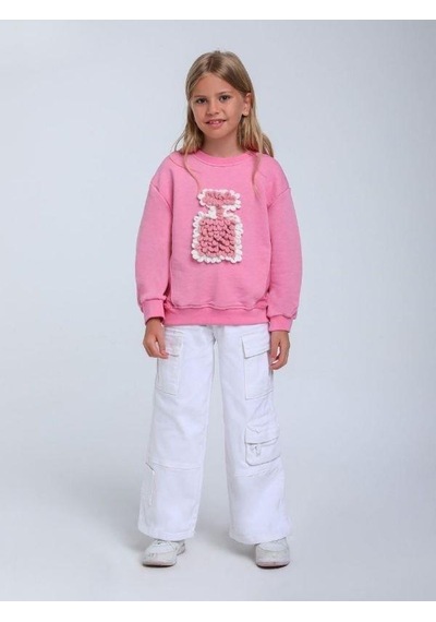 Kız Çocuk Parfüm Şişesi Örgü Detaylı Sweatshirt-14314 Pembe