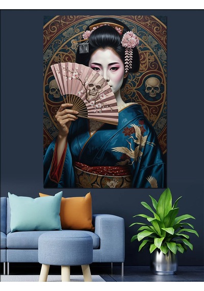Ahşap Tablo Japon Geyşa Yelpaze Tutuyor