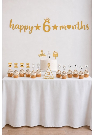 6 Ay Temalı Bebek Parti Seti Gold Happy 6 Months Banner, Pasta Süsü, Kürdan Süs Ve Parti Şapkası Seti Altın
