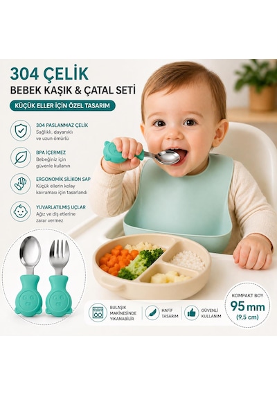 Valkyrie 304 Çelik Panda Bebek Kaşık Çatal Setisilikon Saplı Bpa İçermez Ergonomik Kaymaz Yeşil