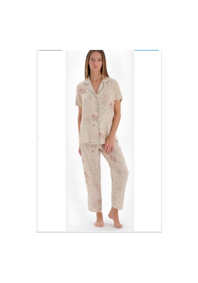 Eros 33550 Kısa Kol Düğmeli Kadın Pijama Takımı Bej