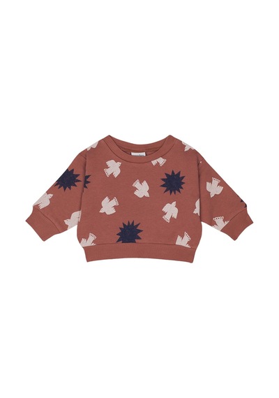 Antebies Organik Gots Sertifikalı Gün Batımı Kuş & Güneş Desenli, Uzun Kollu, Ribanalı Sweatshirt, Bel Lastikli Bağcıklı Pantolonlu Bebek Takımı Turuncu
