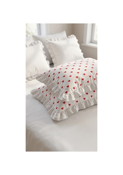 %100 Pamuklu Kalp Desenli Fırfırlı Yastık Kılıfı 2 Adet 50x70 Cm Kırmızı - 863747383 Kırmızı