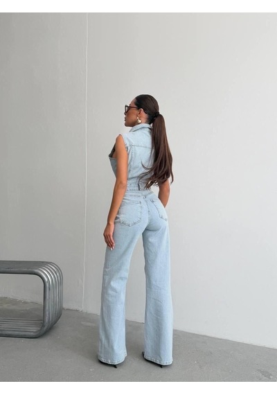 Herton Kadın Kolsuz Yüksek Bel Geniş Paça Denim Tulum