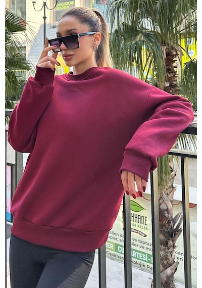 About Blank Madmext Kadın Bordo Basic Bisiklet Yaka Oversize Sweatshirt, M Beden Acı Kahverengi