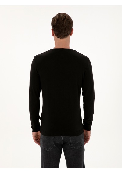 Cacharel Siyah Slim Fit Pamuk Karışımlı Bisiklet Yaka Basic Triko Kazak