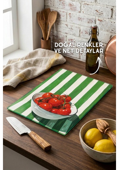 Domates Desenli Cam Kesim Tahtası - 25x35cm -dayanıklı Ve Pratik Kesim Matı Kırmızı
