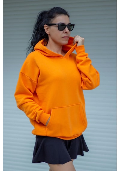 Azıcık Akıllı Kadın Turuncu Basic 3 Üç İplik Ekstra Kalın Kapüşonlu Kanguru Cep Uzun Kollu Sweatshirt 23kswtucpl 001