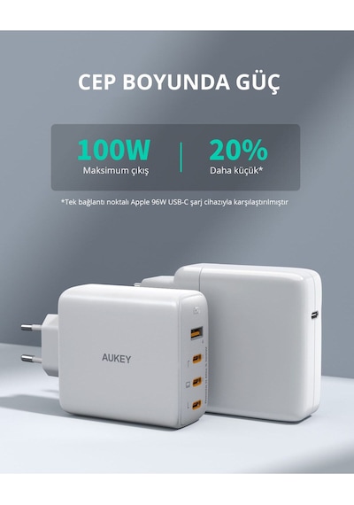 Aukey PA-B7S -WH 100 W Dört Bağlantı Noktalı PD Gan Duvar Şarj Cihazı - Beyaz