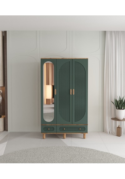 %100 MDF Soho 3 Kapaklı Çekmeceli Modüler Gardırop - Yeşil