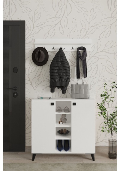 Albena 2 Kapaklı Ayakkabılık, Vestiyer, Portmanto, Askılık, 90 Cm, Beyaz Beyaz