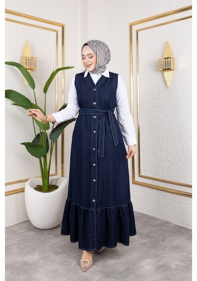 Harman Butik Kadın Düğmeli Kuşaklı Kot Jile Lacivert