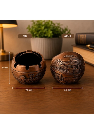 Kapaklı Metal Küllük Açılır Kapanır Dekoratif Masa Üstü Küllük Vintage Bakır 7.5 Cm