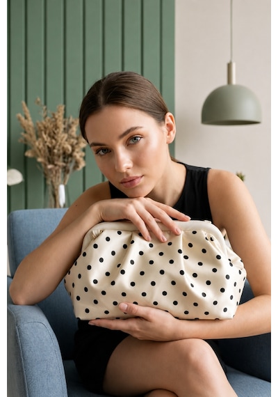 Nura Collection Kadın Premium Puantiyeli Saten Büzgülü Clutch Çanta - Krem - 896678040 Krem