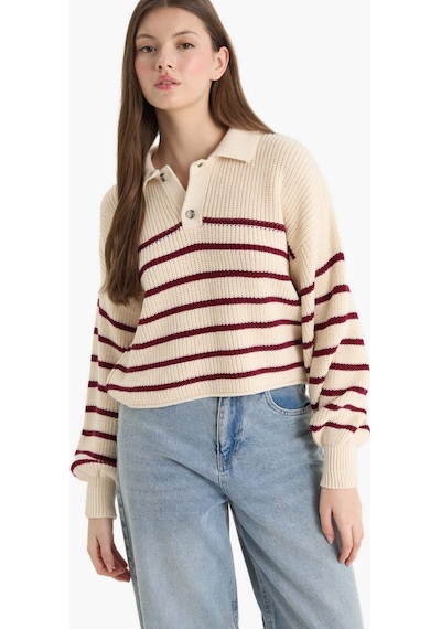 Defacto Coool Relax Fit Polo Yaka Düğmeli Çizgili Triko Kazak C4918ax25wnbg647 Bej
