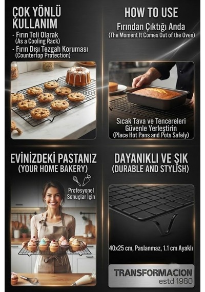 Glaso Teli 40x25 Cm - Paslanmaz Yapışmaz Siyah Fırın Ve Kek Soğutma Standı, Çikolata Izgarası, Çıtır Kurabiye Diğer