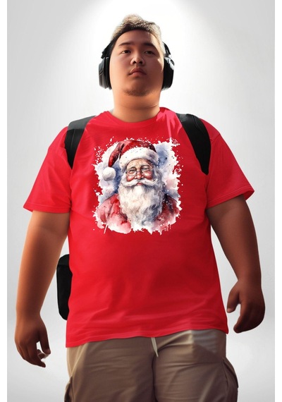 Angemiel Mutlu Noel Baba Yeni Yıl Tasarımı Kırmızı Büyük Beden Erkek Kadın Unisex Basic Ön Baskılı Tişört Kırmızı