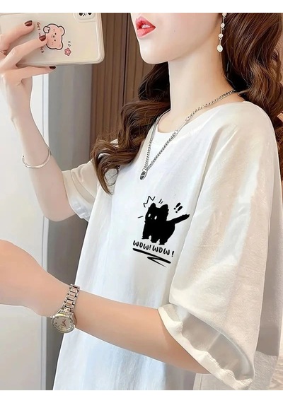 Kadın Tişört Penye Compack Tatlı Kedi Baskılı Bisiklet Yaka T-shirt - Beyaz