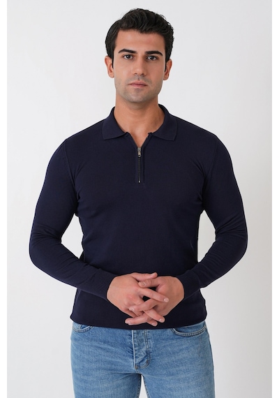 Slim Fit Esnek Pamuklu Fermuarlı Polo Yaka Lacivert Triko Tr 902