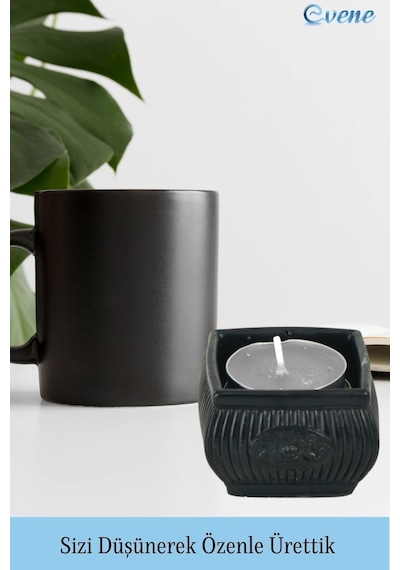 Mumluk Şamdan 3 Adet Tealight Uyumlu Üçlü Mini Çizgili Çiçekli Model - Siyah