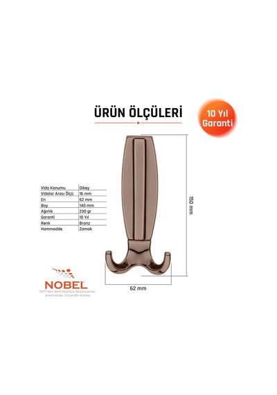 Best Lüks Portmanto Askı, Metal, Vestiyer Askı, 230 Gr, Dolap Askılık, Duvar Askılığı, Bronz Vidalı