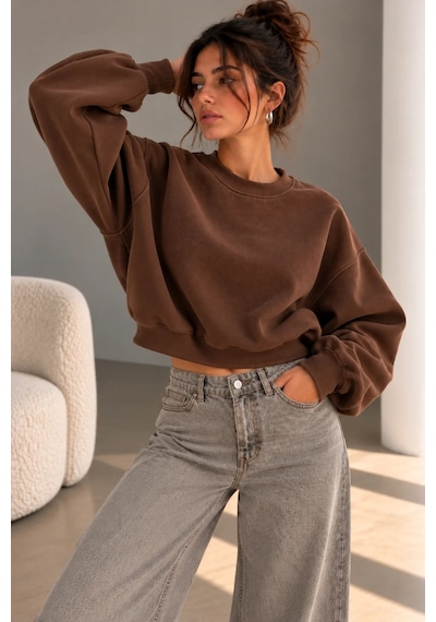 Bbbutikbasic 3 İplik Şardonlu Kısa Sweatshirt Bisiklet Yaka Kadın 3 İplik Şardonlu My3535 Kahverengi