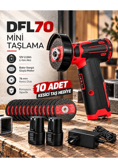 Dfl70 Mini Taşlama 12v 2.0ah Li-ıon Çift Akülü 76 Mm Disk 10 Adet Taş Hediyeli