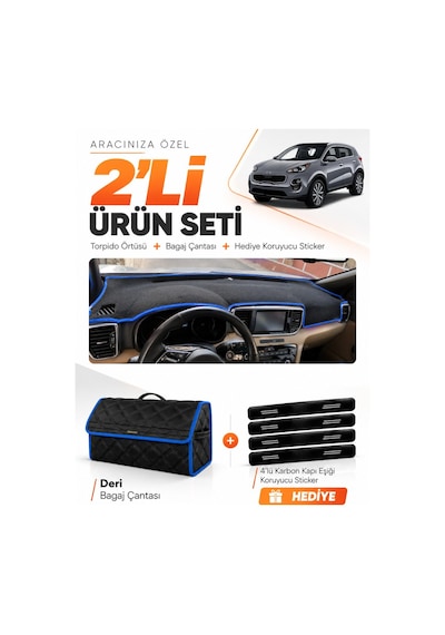 Kia Sportage 2018-2021 Uyumlu Torpido Örtüsü + Deri Bagaj Çantası + Sticker Seti - Siyah Mavi