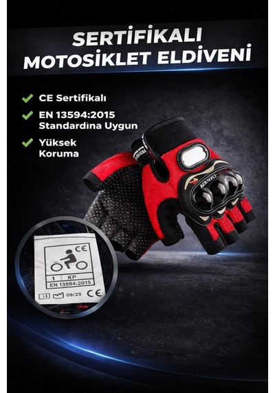Probiker Motosiklet Eldiveni Darbe Korumalı Ce Sertifikalı Yarım Parmak Motor Bisiklet Eldiveni Kırmızı