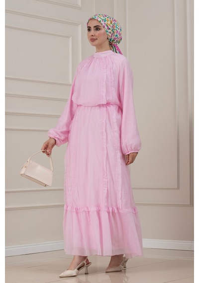 Sevitli Fırfır Detaylı Kuşaklı Eylül Elbise-pembe-5801
