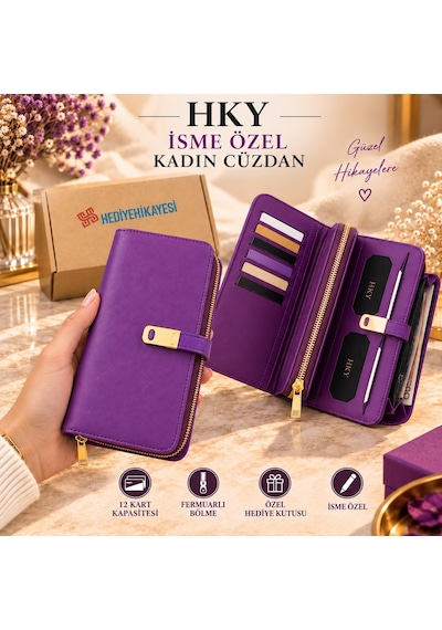 Hky Çok Kullanışlı İsme Özel Kadın Cüzdan Mürdüm MÜRDÜM