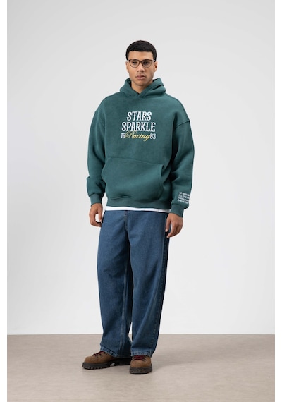 Vamos Oversize Nakış Baskılıkapüşonlu Sweatshirt Nefti Yeşil