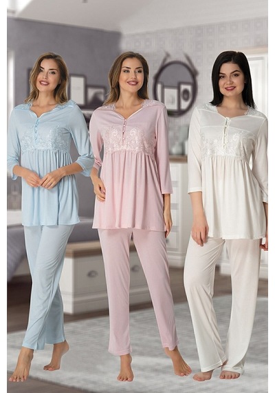 Effort Kadın Pembe Dantel Detaylı Lohusa Hamile Pijama Takımı Pembe