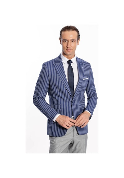 Wessi Çizgili Slim Fit Mavi Erkek Ceket Siyah