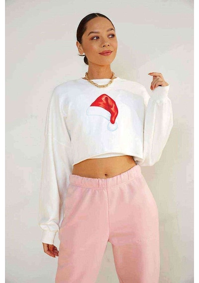 Watercolor Christmas Hat Baskılı Crop Kadın Beyaz Sweatshirt