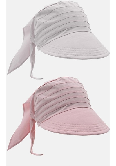 Kadın Bağlamalı Siperli Eşarp Bandana Plaj Şapkası 2li Paket Pembe/beyaz - Beyaz