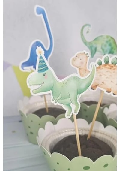 Lüks Büyük Boy Dinozor Konsept Kürdan Süsleri, 10'lu Paket, Cupcake Süsleme Açık Kahverengi