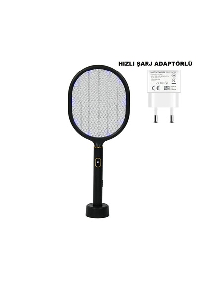 Dijital Ekranlı Şarjlı Sinek Raketi Usb Type-c Elektrikli Standlı El Tipi Mor Işıklı Sivrisinek Öldürücü Black