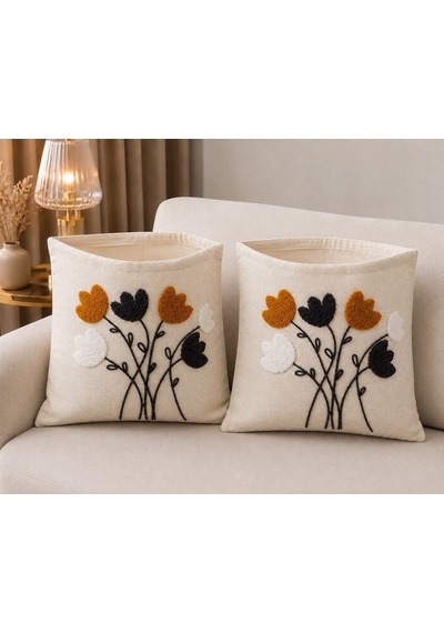 2 Li Punch İşleme Kırlent Kılıfı Fermuarlı 45x45 Cm Krem