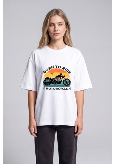 Black Nova Oversize Baskılı Unisex %100 Pamuk T-shirt Born To Ride Beyaz