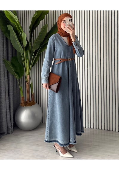 Molly Nelly Kadın V Yaka Pile Detaylı Oversize Kot Tesettür Elbise Mavi
